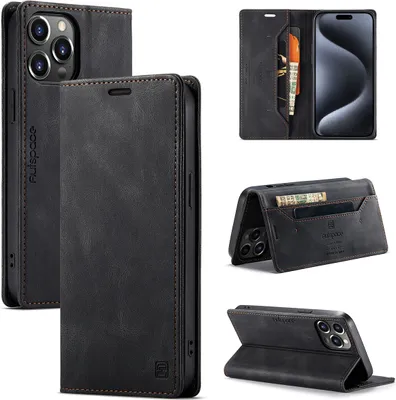 Collage of images showing a black leather wallet-style phone case for an iPhone 15 Pro Max, displaying its features like card slots and stand function.