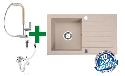 Produktbild von [Granitspüle 76x44 in verschiedenen Farben+ Armatur Side] Hochwertig beidseitig Montierbar Küchenspüle Eckig Einbaugranitspüle Granit Spülbecken f. Unterschränke ab 45 cm inkl.Siphon Set, Farben:Beige