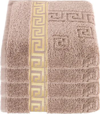 Produktbild von 4er Set Luxus Medusa Gästetücher 30x50 cm - Beige / Hell Braun - feinste Ringgarn Baumwolle / Jacquard Webung / Hochflor Frottee mit Medusa Flachprägung und goldener Medusa Bordüre