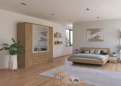 Produktbild von Schlafzimmer Burano in Eiche und Beige 4 teilig – mit Drehtürenschrank 5trg, Doppelbett 180x200cm und zwei Nachttischen