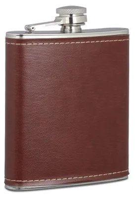 Zdjęcie produktu dla 2 x piersiówka 200 ml, piersiówka ze stali nierdzewnej w etui z imitacji skóry, mała piersiówka na podróż, brązowa