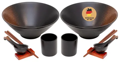 Produktbild von Intirilife Ramen Schüssel Set für 2 Personen aus Keramik in Schwarz - 1.1 Liter - je 2x Schüssel Stäbchen Löffel Becher und Ablage - für Nudelsuppe Reis Udon Schalen Bowl