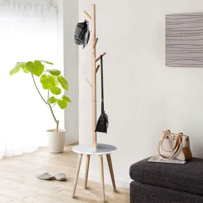 Holz-Garderobenständer mit 6 Haken, 40 x 40 x 170 cm