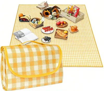 Produktbild von Picknickdecke – 200 x 200 cm – wasserdicht – mit Tragegriff – Strandmatte – tragbare Stranddecke – gelb-weiß karierte Picknickdecke – sandabweisend