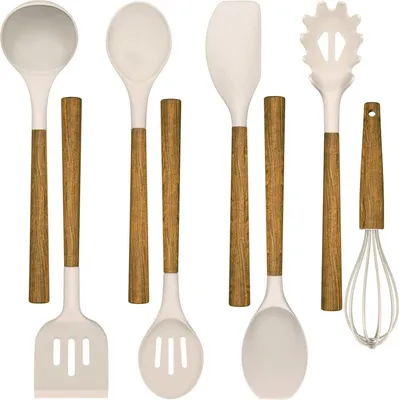 Image de set de 8 ustensiles de cuisine en silicone avec manche en bois, résistant à la chaleur, anti-adhésif - Kaki