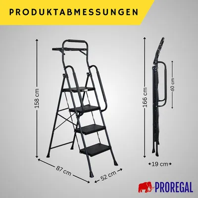 Produktbild von Profi-Trittleiter klappbar mit  | mit Handbügel und Werkzeugablage | 4 geriffelte Stufen aus Kunststoff | HxBxT 160x51x87cm | Traglast 150kg | Stahl | Matt Schwarz