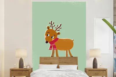 Produktbild von MuchoWow® Fototapete für Wohnzimmer oder Schlafzimmer Wandtapete Vinyl Motivtapete Rentier - Weihnachten - Winter - Grün - 155x240 cm - Tapete