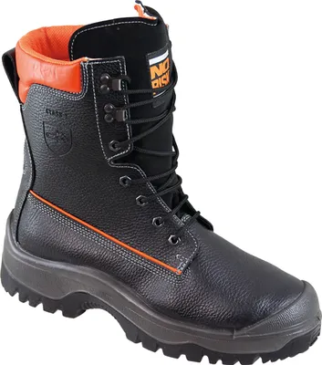 A black work boot with orange accents and laces, shown against a white background.