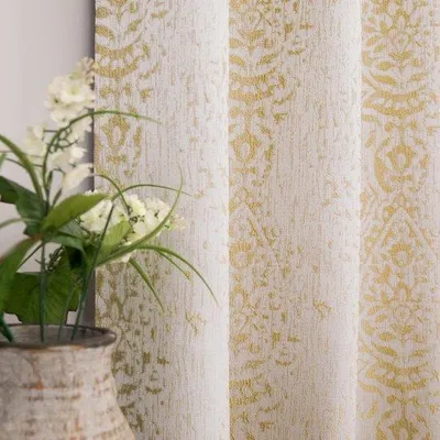 Zdjęcie produktu dla Żółte zasłony do salonu – styl boho – zestaw 2 sztuk – długość 213 cm