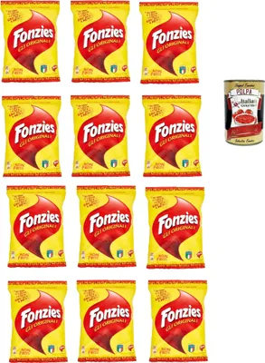 Produktbild von Fonzies Original knusprige Mais-Snack mit Käse-Geschmack 12er Pack (12x100g Packung) + Italian Gourmet polpa 400g