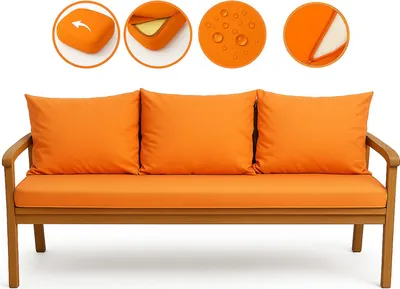 An orange cushion set for a sofa on a white background, with close-up insets showing features.