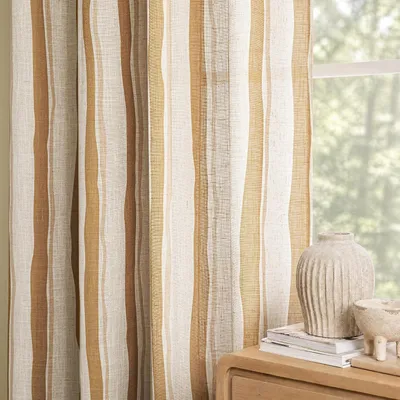 Zdjęcie produktu dla Żółty, lniany zasłon – z przelotkami – falbankowy, z paskami – wymiary: 240 cm wysokości x 140 cm szerokości – idealny do salonu, sypialni lub pokoju dziecięcego