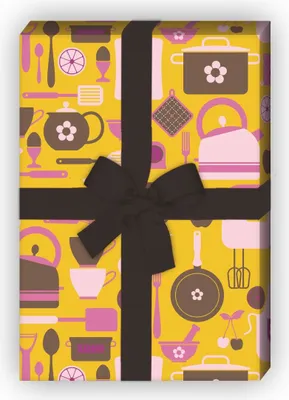 Produktbild von Retro Küchen Geschenkpapier mit Koch Geräten auf gelb - G7583, 32 x 48cm