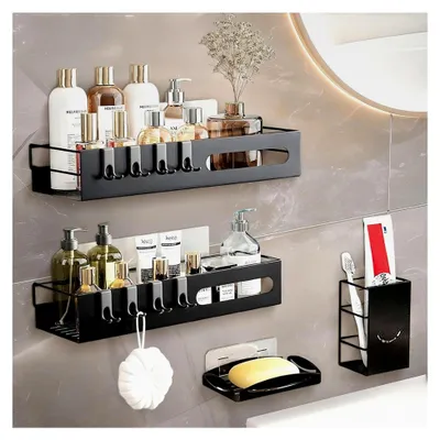 Produktbild von 4 Stück Duschablage ohne Bohren, rostfreier Duschkorb selbstklebend mit Seifenschale, Zahnbürstenhalter und 8 Haken, Badezimmer Regal Duschregal für Badezimmer und Küche (Schwarz)