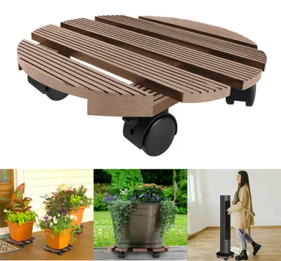 Image de UISEBRT 2 rouleurs de plantes WPC Rond Ø 300mm 100kg Planche à roulettes Plantes pour extérieur & intérieurRouleurs de pots de fleurs Soucoupe à roulettes résistante aux intempéries Marron