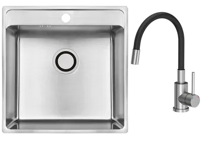 Produktbild von VBChome Edelstahl Einbauspüle 49x48x21 cm Gebürsteter Stahl mit Hahnloch Küchenspüle Großes Becken mit Siphon Schwarzer Armatur mit flexiblem Auslauf