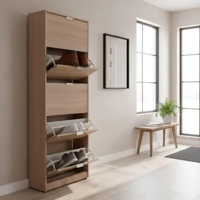 Produktbild von Dmora Schuhschrank Sueglio 67x28x192h cm Eiche Braun, 10 Regalböden 5 Türen