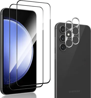 A product shot showing a smartphone screen protector and a camera lens protector next to a smartphone.