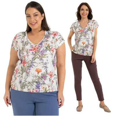Produktbild von Moraj - Bluse Größe 3XL - Damenbluse Bunt - Kurzarmbluse fur Damen - Baumwollbluse V-Ausschnitt
