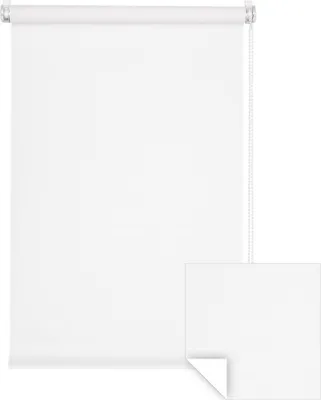 A white roller blind is shown against a white background. A small inset shows a close-up of the corner of the blind.