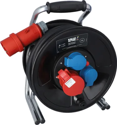 Produktbild von KALLE DAS KABEL Kabeltrommel Professional CEE H07RN-F 5G 1,5 mm² 25 Meter 400V 16A IP44 2x SCHUKO 1 CEE Steckdose Gummiverlängerung Gummikabel Verlängerung Baustrom