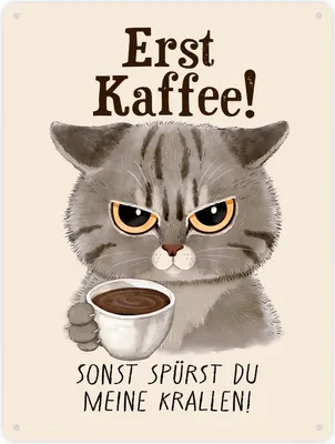 Produktbild von Morgenmuffel Katze Metallschild XXL in 28x38 cm mit Spruch Erst Kaffee sonst