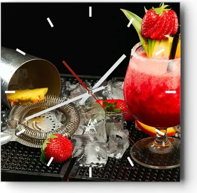 Produktbild von Wanduhr - Quadrat - Glasuhr - Alkohol aperitif cocktail getränk - 40x40cm - Schleichendes Uhrwerk - Lautlos - zum Aufhängen bereit - Dekoration Modern - Wanddekoration aus Glas - C3AC40x40-2257
