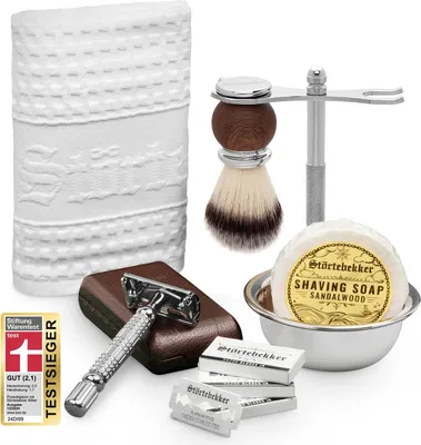 Produktbild von Störtebekker Genießer Set - Rasierhobel Silber – mit handgefertigtem Lederetui Café - Rasierset / Bartpflege Set Herren, Geschenkidee Herren