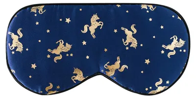 Produktbild von Schlafmaske aus Seide mit verstellbaren Bändern, bequeme und superweiche Augenmaske, ultimative Einschlafhilfe, Augenmaske mit goldenem Einhorn auf blauem Hintergrund
