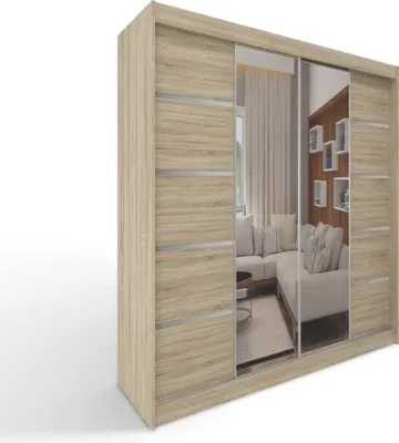 Produktbild von Easy Furniture C5 Schiebetüren Kleiderschrank 150 x 200 x 58 cm mit Spiegel - Schlafzimmermöbel, Aufbewahrung - Mehrzweckschrank - Farbe: Sonoma - 2 Schiebetüren