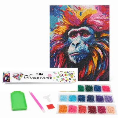Imagen del producto de Kit completo de pintura con diamantes THAR, diseño de un babuino colorido, 40 x 50 cm