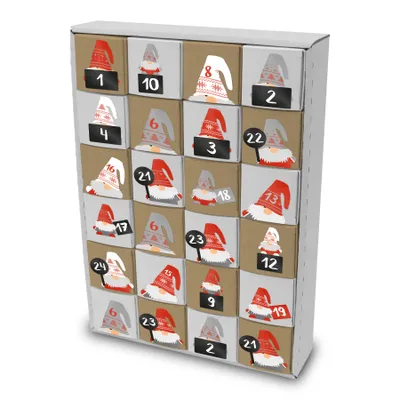 A product shot of a fillable advent calendar with numbered boxes featuring gnome illustrations.