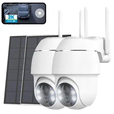 Produktbild von 2 Stücke 2K Überwachungskamera Aussen Akku mit Solarpanel WLAN 360° Schwenkbare Kabellose Überwachungskamera PIR Bewegungsmelder Nachtsicht in Farbe
