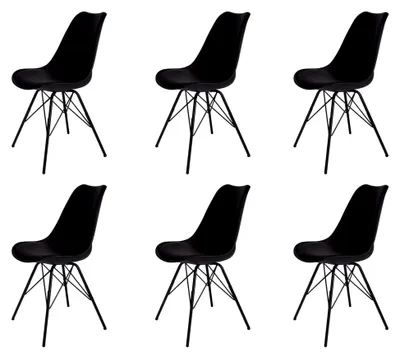 Produktbild von 6er Set Schalenstuhl Lerche, schwarze Kunststoffschale, integriertes Kunstleder-Sitzkissen, schwarze Metallfüße, Esszimmerstuhl im skandinavischen Stil, pflegeleichte Stühle
