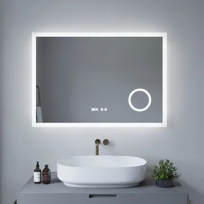 Produktbild von AQUABATOS® ECHOS-Serie 100x70 cm Badspiegel mit Beleuchtung LED Badezimmerspiegel mit Uhr und Schminkspiegel Kaltweiß 6400K Dimmbar Beschlagfrei beheizt Lichtspiegel Wandspiegel