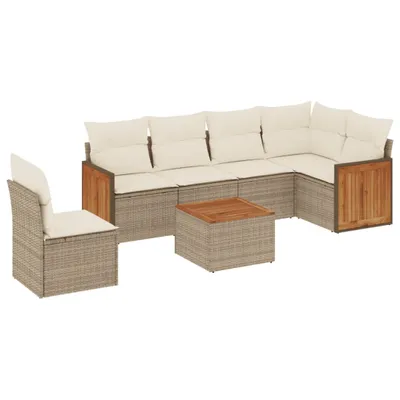 Image de Salon de jardin modulable 7 pcs, résine tressée beige, table acacia, coussins déhoussables blanc crème, rangements intégrés, résistant aux UV
