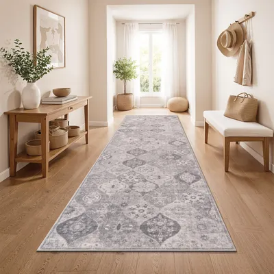 Immagine prodotto di Tappeto da salotto vintage boho moderno a pelo corto lavabile antiscivolo grigio Dimensioni 80x300 cm