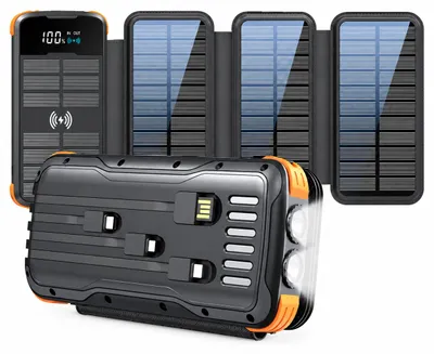 Produktbild von Siltcon Solar-Powerbank Extreme 30000 mAh – 4 Solarpanels mit 8 W – 22,5 W Schnellladen – 4 integrierte Kabel – Taschenlampe
