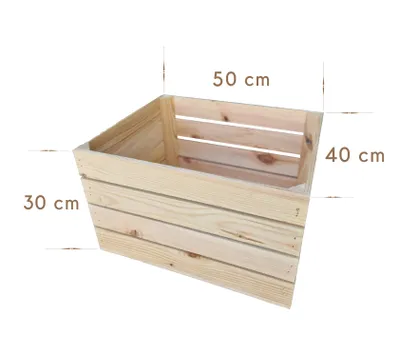 A wooden crate with dimensions indicated.