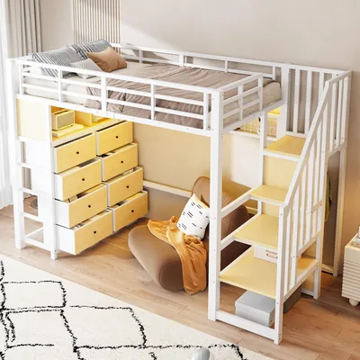 Produktbild von MODFU Kinderhochbett 90 x 200 Jugendbett mit 8 Schubladen, LED-Beleuchtung und Kleiderschrank, Metall-Bettgestell mit Treppe,ohne Matratze,Weiß