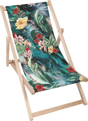 Produktbild von Dreamroots Liegestuhl klappbar Holz bis zu 130 kg, Sonnenliege klappbar mit 3-stufiger Neigungsregulierung der Rückenlehne, Green Jungle Flowers