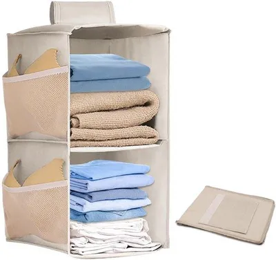 Produktbild von Unyqoos® Platzsparender hängender Kleiderschrank-Organizer mit 6 transparenten Seitentaschen, Oxford-Stoff & staubdichter Kunststoff, faltbar (3 cm)