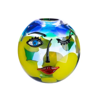 Immagine prodotto di Casablanca Glasart, Gesichtsvase, Kugel, "Novento", Gesichtsmotiv, Glas, blau, gelb, , H. 24 cm, D. 25 cm 39284/Abverkauf nur solange Vorrat reicht