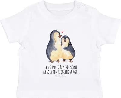 Produktbild von Mr. & Mrs. Panda  T-Shirt Pinguin umarmen 12. - 18. Monat - Weiß - Geschenk, Hochzeitstag, Hochzeit, Liebe, Baby, Kinder Oberteil, Babyshirt, Shirt
