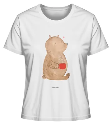 Produktbild von Mr. & Mrs. Panda Damen T-Shirt Kurzarm Bär Morgenkaffee Größe S - Weiß - Geschenk, Shirt, Mit Print, Basic, Hochzeitstag, für Freundin, Frauen, Oberteil, Valentinstag