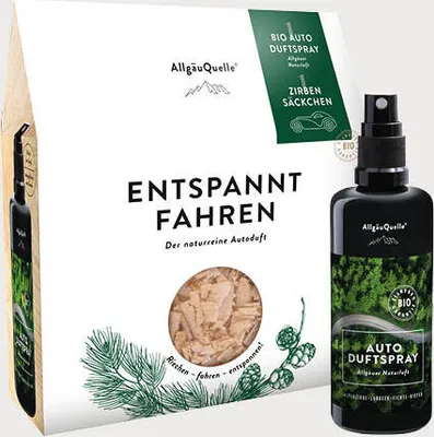 Produktbild von Auto Duftspray Set Naturluft mit 1 x 100ml Alpenzirbe, Lorbeer, Fichte und Kiefer + Zirben-Säckchen