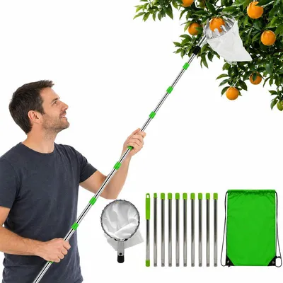 Produktbild von Obstpflücker mit Teleskopstiel 4m, 10-teilig, Edelstahl, mit Tasche & Handschuhen – Pflückhilfe & Erntewerkzeug für Äpfel, Kirschen & Pflaumen