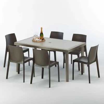 Produktbild von Polyrattan Tisch Rechteckig mit 6 Bunten Stühlen 150x90 Beige Marion