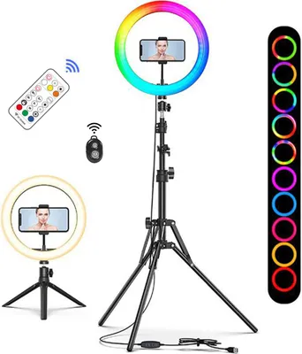 Produktbild von Ringlicht, 10 Zoll Ringlicht mit 2 Stativ, höhenverstellbar, 18 RGB Farbe Dimmbare Selfie Ringleuchte mit Fernbedienung, für YouTube TikTok Make-up Se