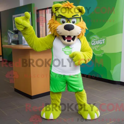 Obrázek produktu pro Kostým REDBROKOLY maskota Lime Green Šavlozubého tygra v běžeckých šortkách a brýle na čtení